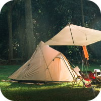 Camping tent with forest area in the background