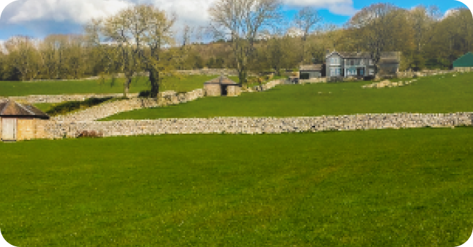 View of field with farmhouse in the distance